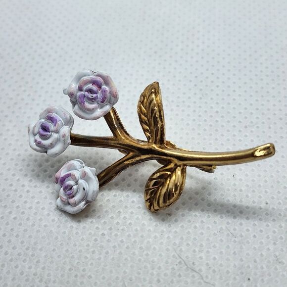 Vintage Gold & Purple 3 Stem Flower Brooch - Picture 1 of 3